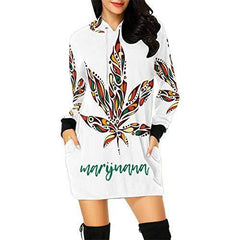 InterestPrint Weed Marijuana Leaf Women's Long Sleeve Hoodie Mini Dress Sweatshirt X-Small