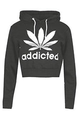 Oops Outlet Womens Ladies Addicted Weed Leaf Long Sleeve Hooded Cuff Draw String Crop Top