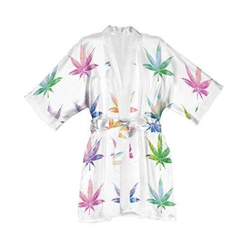 Lume.ly - Marijuana Weed Cannabis Pot Leaf Plant Silk Kimono Robe, Luxury Designer Vibrant Art (White Multi Color)