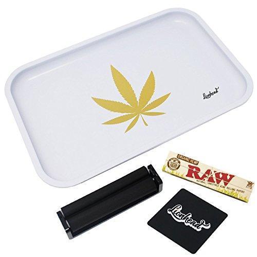 Full Size Rolling Tray Bundle – 12” x 8" Tray + 110mm Rolling Machine + King Size Raw Rolling Papers – Lionhead (White)