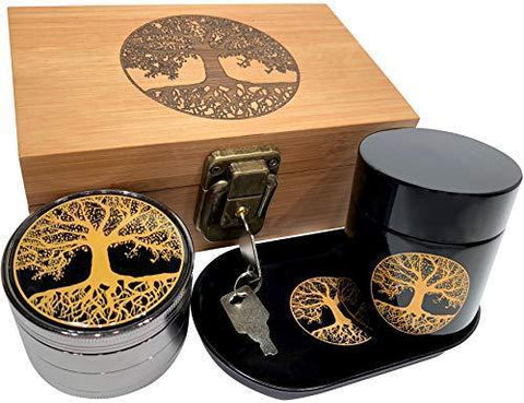 Tree of Life Stash Box Combo - Full Size Titanium 4 Part Herb Grinder - UV Glass stash jar - Engraved Wood Stash Box - Smell Proof and Airtight (Tree of Life)