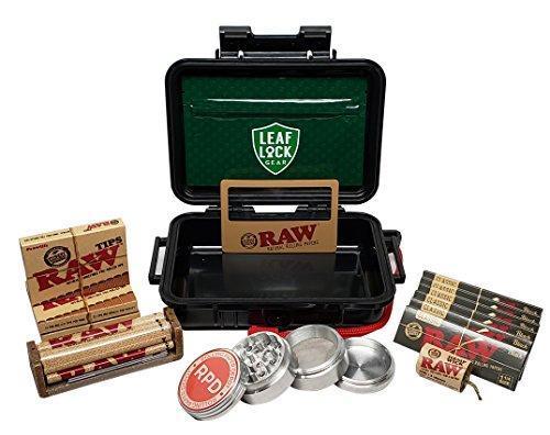 RAW Black Rolling Papers 1 1/4 (6 Packs), Pre Rolled Tips (3 Packs), Roller, Hemp Wick, Magnifier Card with RPD Grinder, Leaf Lock Gear Airtight Carrying Case and Smell Proof Pouch - Bundle - 15 Items