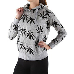 Women's Marijuana Weed Leaf Print Jacket Long Sleeve Hooded Sweatshirt (Grey, S)