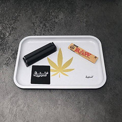 Full Size Rolling Tray Bundle – 12” x 8" Tray + 110mm Rolling Machine + King Size Raw Rolling Papers – Lionhead (White)