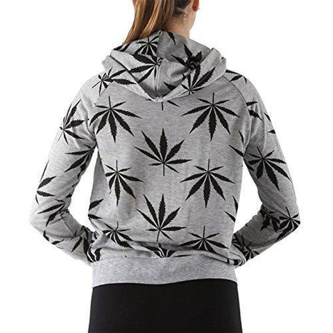 Women's Marijuana Weed Leaf Print Jacket Long Sleeve Hooded Sweatshirt (Grey, S)