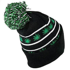 Marijuana Leaf Pom Pom Acrylic Beanie Hat - Black Kelly Green - WB071-85