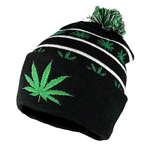 Marijuana Leaf Pom Pom Acrylic Beanie Hat - Black Kelly Green - WB071-85