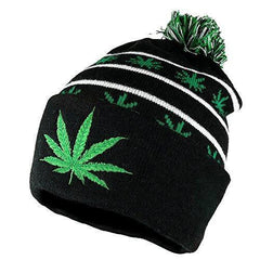 Marijuana Leaf Pom Pom Acrylic Beanie Hat - Black Kelly Green - WB071-85