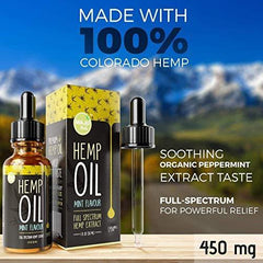 Hemp Oil Extract (450 mg), Strong Full Spectrum Pain & Anxiety Relief, Mild Mint Flavor, Zero THC CBD Cannabidiol, 100% Colorado Hemp, 450 mg Pure Hemp Oil
