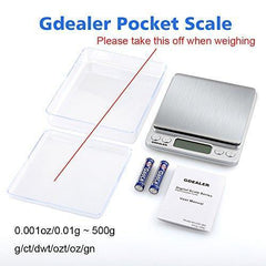 GDEALER DS1 Digital Pocket Kitchen Multifunction Food Scale for Bake Jewelry Weight, 0.001oz/0.01g 500g, Tare, Stainless Steel, 12710619mm, Silver