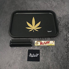 Full Size Rolling Tray Bundle – 12” x 8" Tray + 110mm Rolling Machine + King Size Raw Rolling Papers – Lionhead (Black)