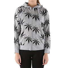 Women's Marijuana Weed Leaf Print Jacket Long Sleeve Hooded Sweatshirt (Grey, S)