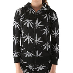 Women's Marijuana Weed Leaf Print Jacket Long Sleeve Hooded Sweatshirt (Black, S)