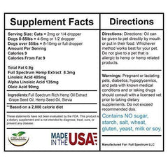 Full Spectrum Hemp Oil for Dogs and Cats (250mg) - Grown & Made in USA - Supports Hip & Joint Health, Natural Relief for Pain, Separation Anxiety - Organic Extract - Non-GMO